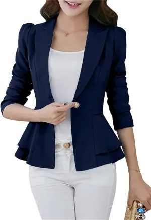 OMZIN Women's Casual Long Sleeve Blazer Work Office Blazer Ruffled Back Blazer Solid Button Coat