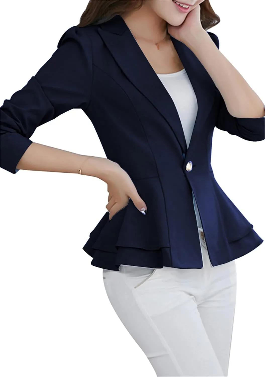 OMZIN Women's Casual Long Sleeve Blazer Work Office Blazer Ruffled Back Blazer Solid Button Coat