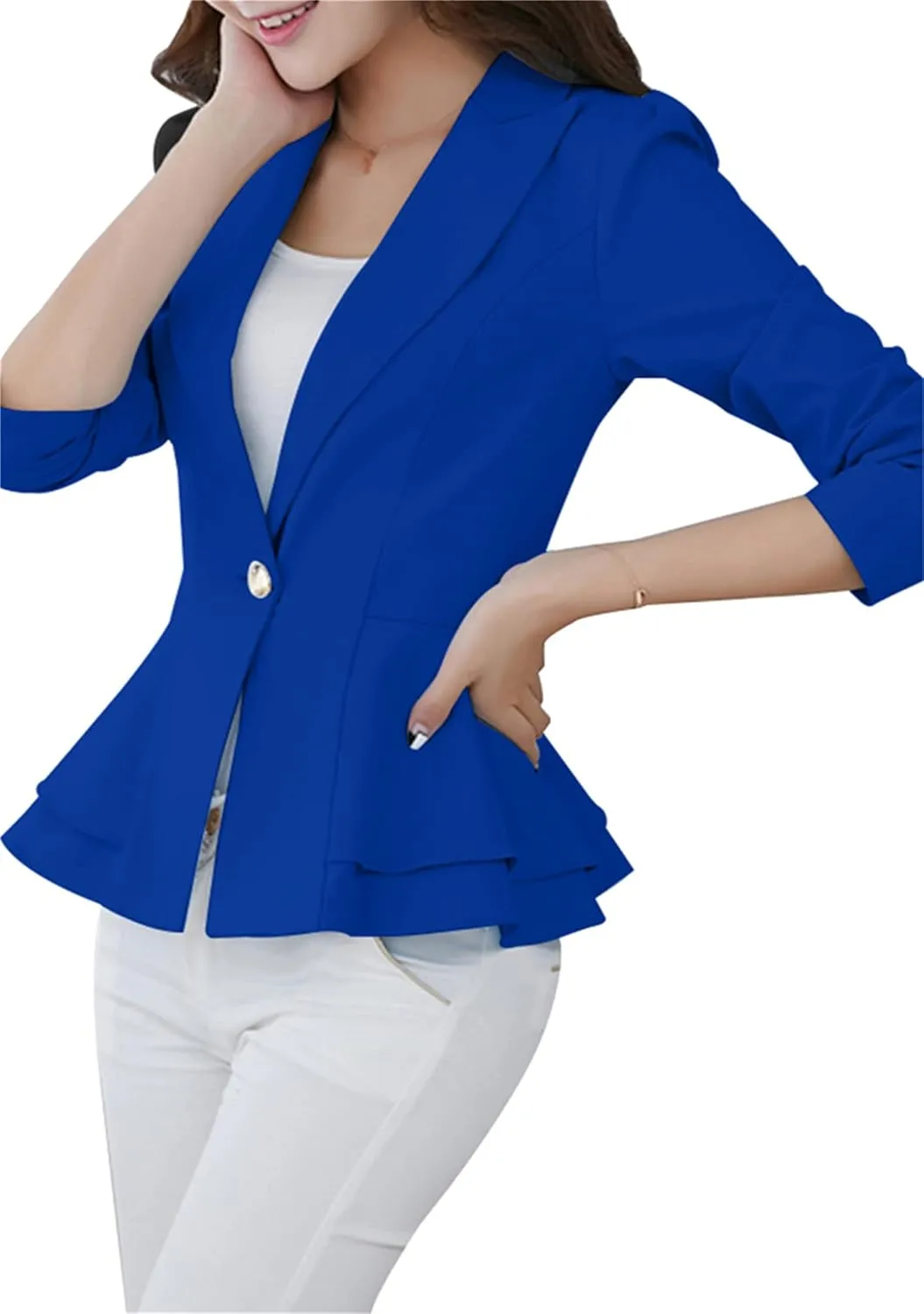 OMZIN Women's Casual Long Sleeve Blazer Work Office Blazer Ruffled Back Blazer Solid Button Coat
