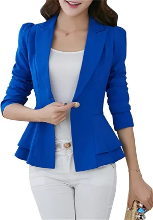 OMZIN Women's Casual Long Sleeve Blazer Work Office Blazer Ruffled Back Blazer Solid Button Coat