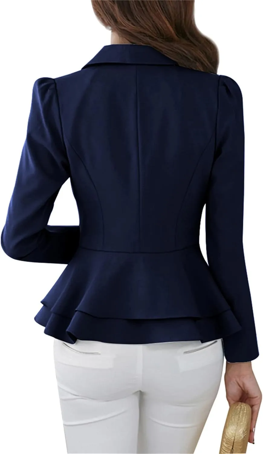 OMZIN Women's Casual Long Sleeve Blazer Work Office Blazer Ruffled Back Blazer Solid Button Coat