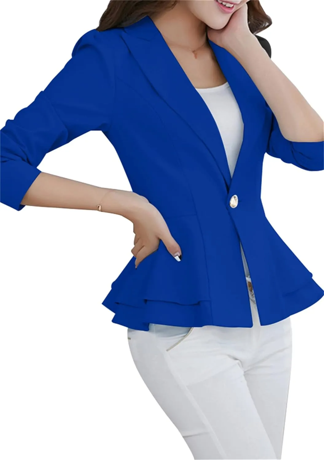 OMZIN Women's Casual Long Sleeve Blazer Work Office Blazer Ruffled Back Blazer Solid Button Coat