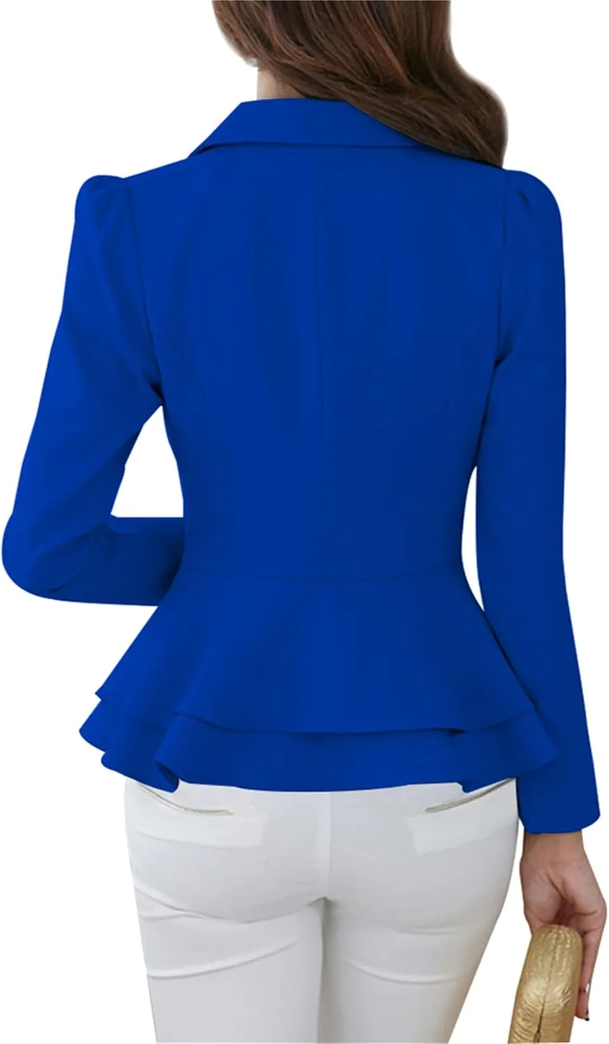 OMZIN Women's Casual Long Sleeve Blazer Work Office Blazer Ruffled Back Blazer Solid Button Coat