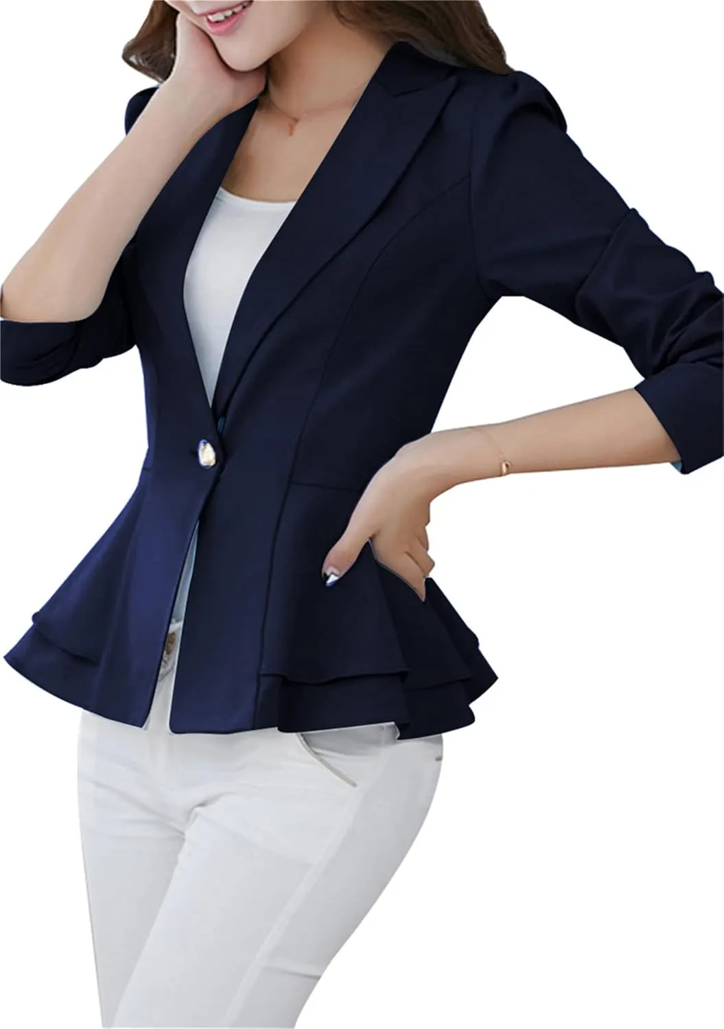 OMZIN Women's Casual Long Sleeve Blazer Work Office Blazer Ruffled Back Blazer Solid Button Coat