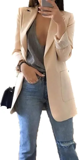 OMZIN Women's Lapel Pockets Long Sleeve Blazer Open Front Coat Jacket