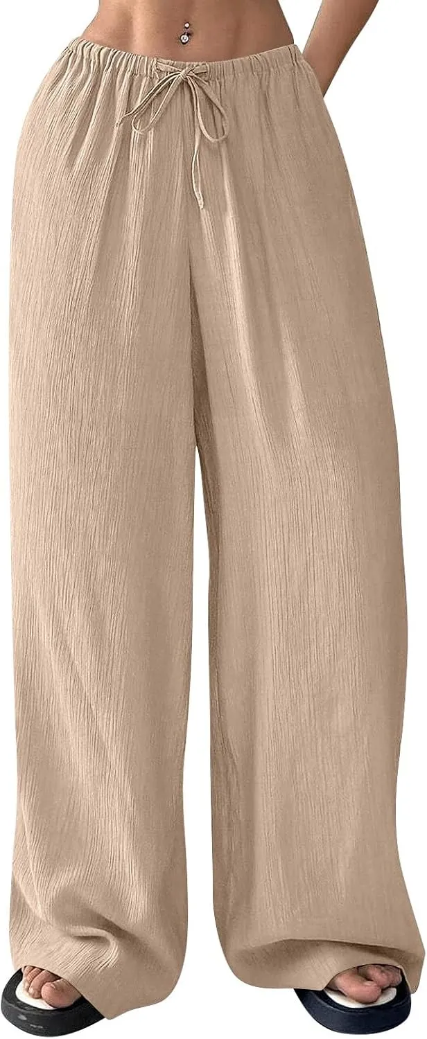 Oversized Wide Leg Pants Woman Baggy Elastic High Waisted Linen Trousers Pants Summer Boho Flowy Pants with Pockets
