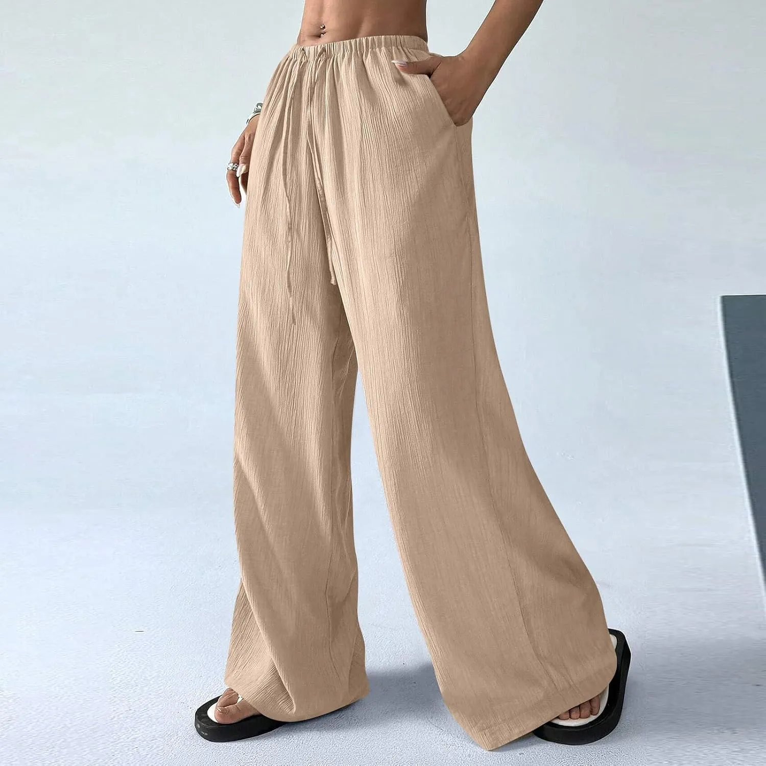 Oversized Wide Leg Pants Woman Baggy Elastic High Waisted Linen Trousers Pants Summer Boho Flowy Pants with Pockets