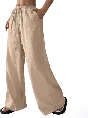 Oversized Wide Leg Pants Woman Baggy Elastic High Waisted Linen Trousers Pants Summer Boho Flowy Pants with Pockets