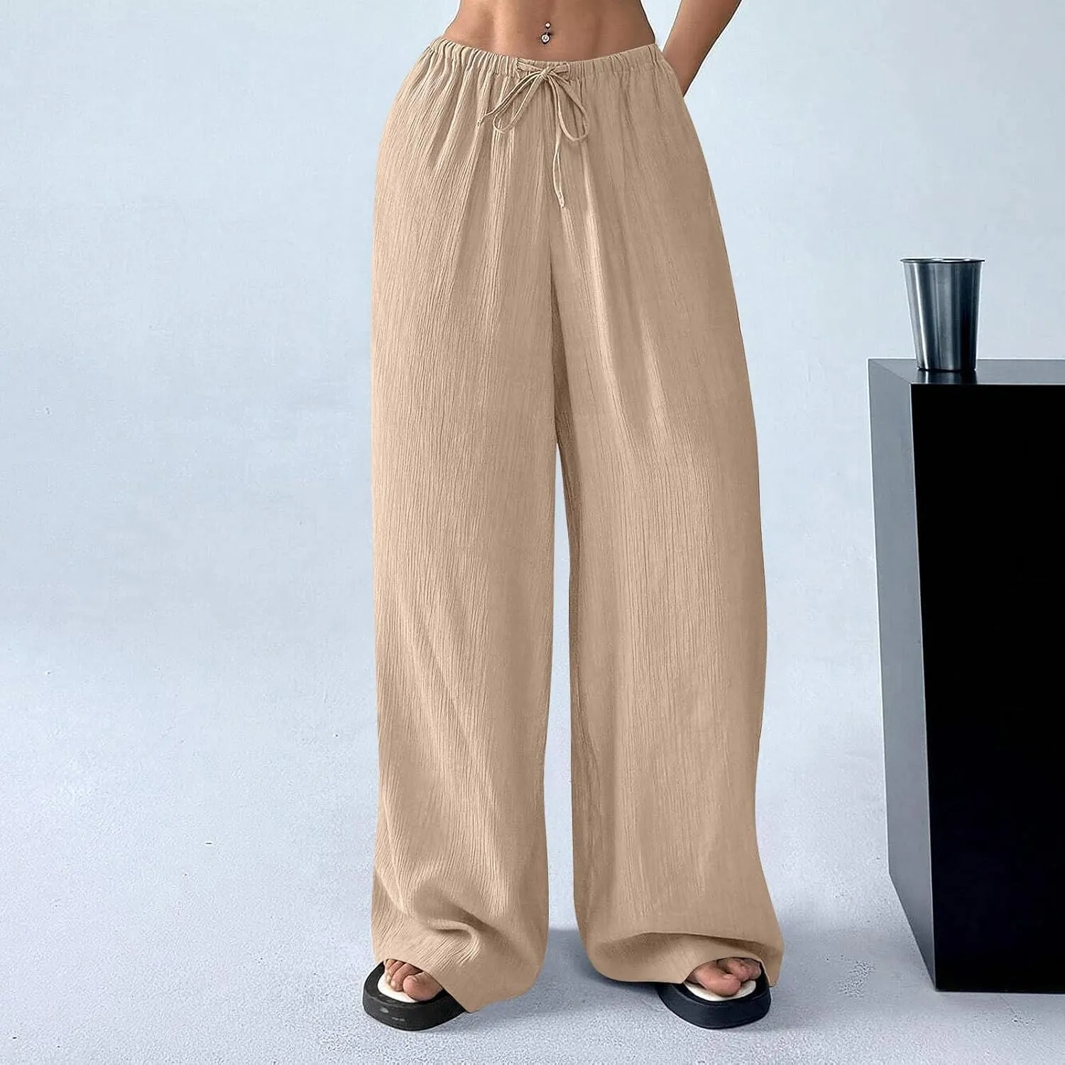 Oversized Wide Leg Pants Woman Baggy Elastic High Waisted Linen Trousers Pants Summer Boho Flowy Pants with Pockets