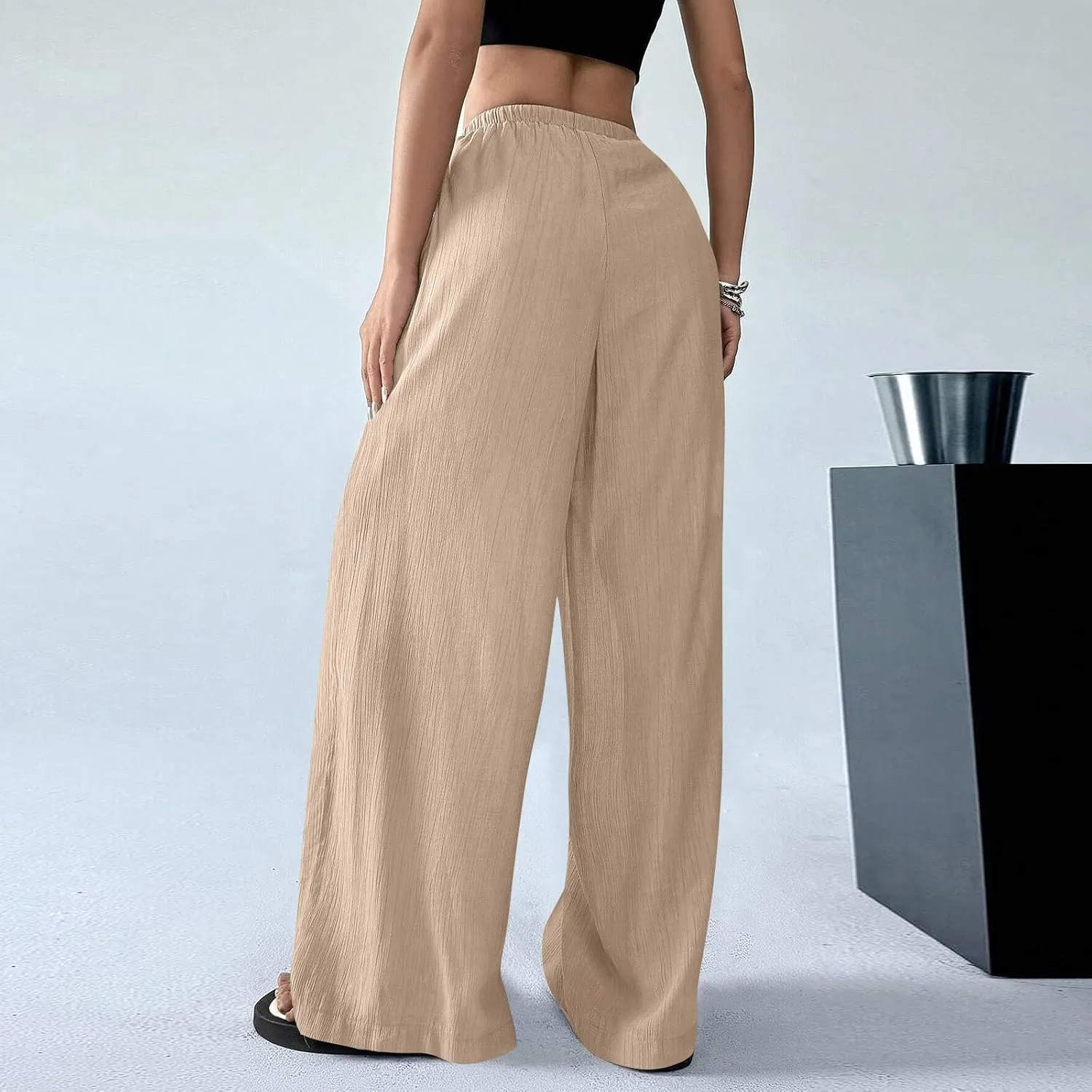 Oversized Wide Leg Pants Woman Baggy Elastic High Waisted Linen Trousers Pants Summer Boho Flowy Pants with Pockets