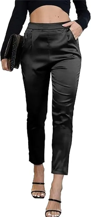 Pants for Women Satin Dress Casual Pleated Pull On High Waist Dressy Pants with Pockets 2025 Summer Trendy Trouser