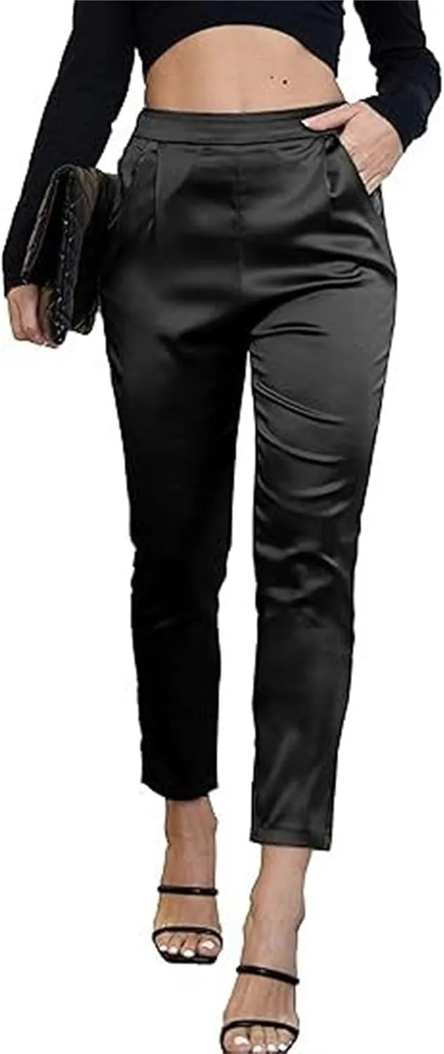 Pants for Women Satin Dress Casual Pleated Pull On High Waist Dressy Pants with Pockets 2025 Summer Trendy Trouser