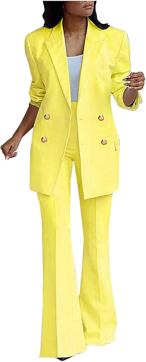 Pants Suit for Women 2 Piece Outfits Long Sleeve Button Business Blazer Suits Set High Waisted Bell Bottom Pants