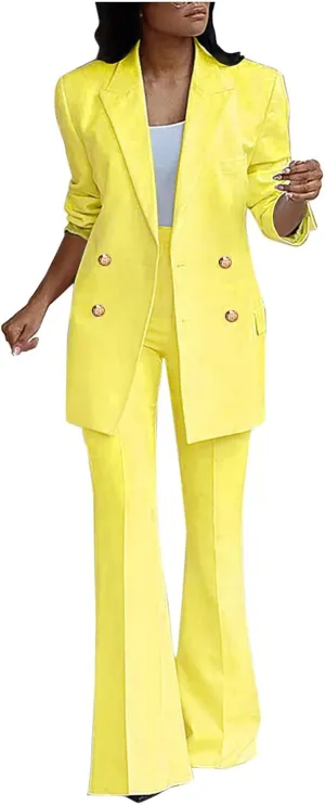 Pants Suit for Women 2 Piece Outfits Long Sleeve Button Business Blazer Suits Set High Waisted Bell Bottom Pants