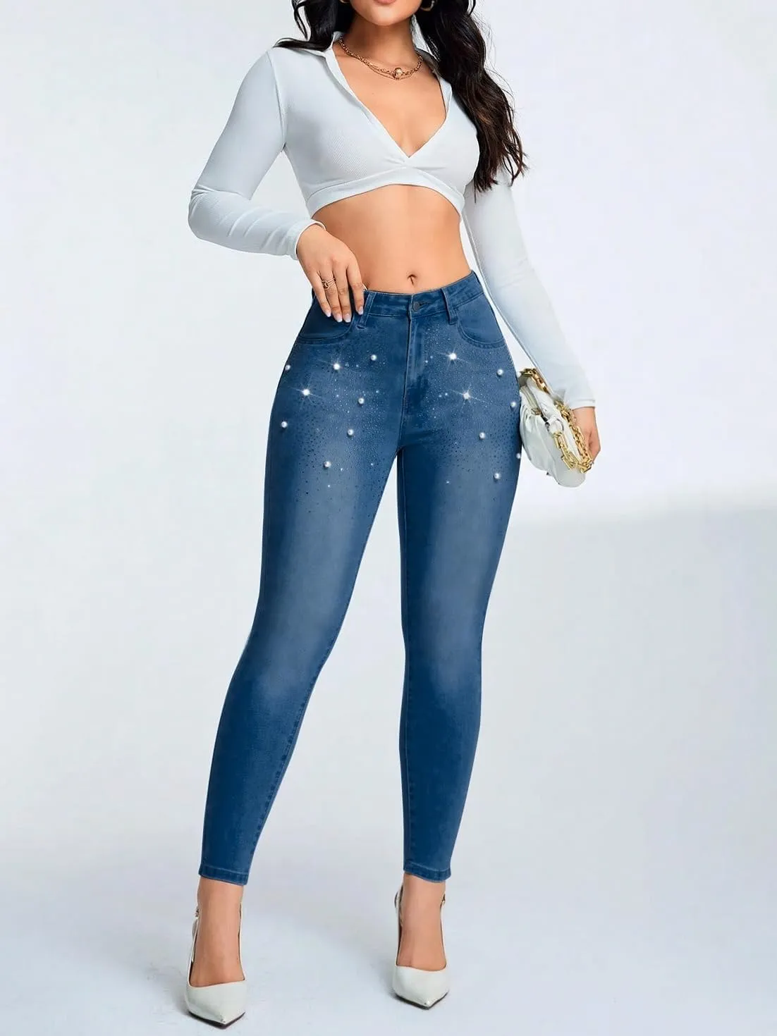 Pearl Jeans for Women Rhinestone Low Rise Skinny Jeans Embellished Cropped Stretchy Denim Pants