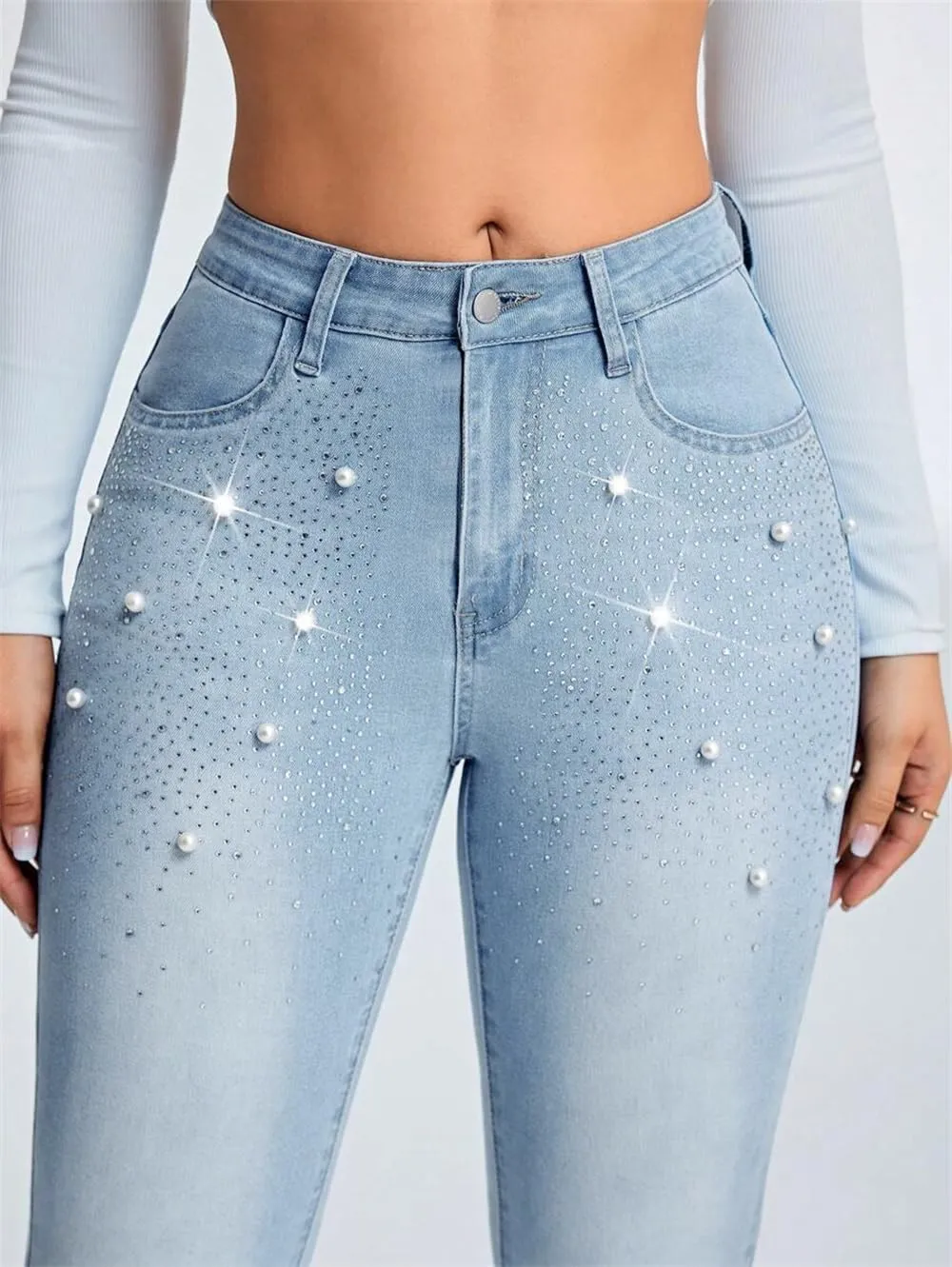 Pearl Jeans for Women Rhinestone Low Rise Skinny Jeans Embellished Cropped Stretchy Denim Pants