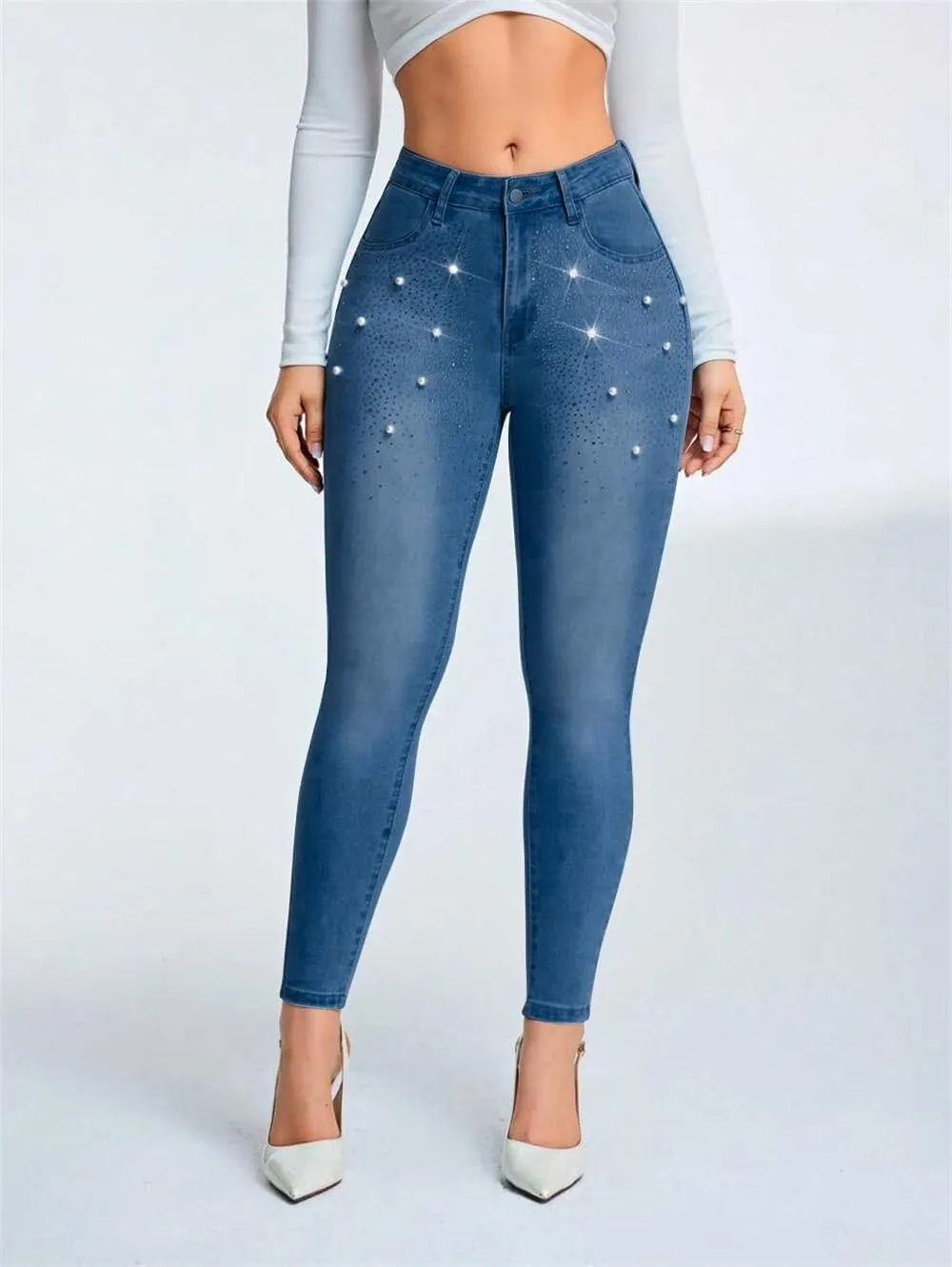 Pearl Jeans for Women Rhinestone Low Rise Skinny Jeans Embellished Cropped Stretchy Denim Pants