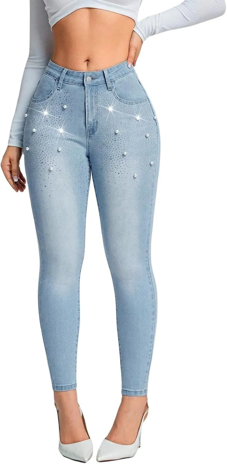 Pearl Jeans for Women Rhinestone Low Rise Skinny Jeans Embellished Cropped Stretchy Denim Pants