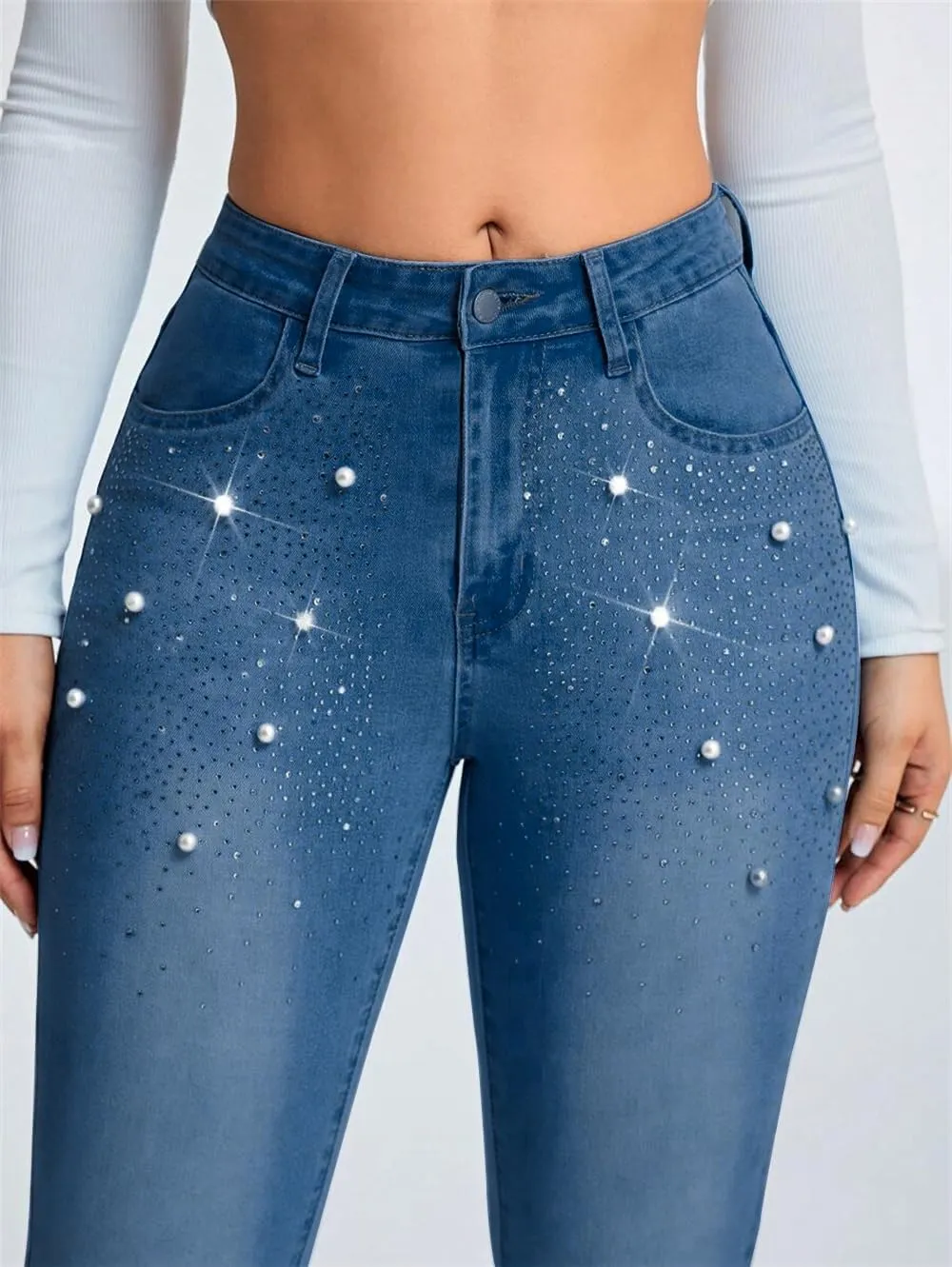Pearl Jeans for Women Rhinestone Low Rise Skinny Jeans Embellished Cropped Stretchy Denim Pants