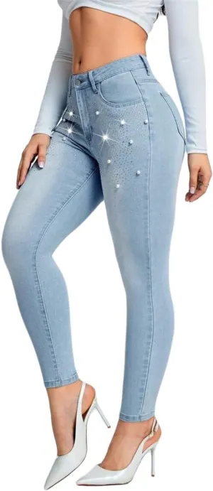 Pearl Jeans for Women Rhinestone Low Rise Skinny Jeans Embellished Cropped Stretchy Denim Pants
