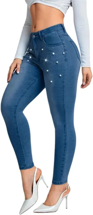 Pearl Jeans for Women Rhinestone Low Rise Skinny Jeans Embellished Cropped Stretchy Denim Pants
