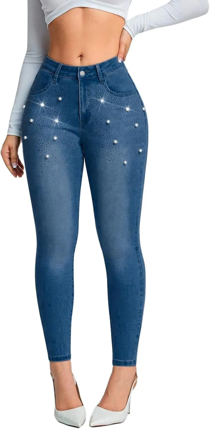 Pearl Jeans for Women Rhinestone Low Rise Skinny Jeans Embellished Cropped Stretchy Denim Pants