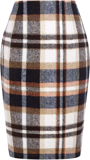 Pencil Skirt Women Pencil Plaid Skirts for Women Fall Winter High Waisted Bodycon Knee Length Wool Midi Skirt