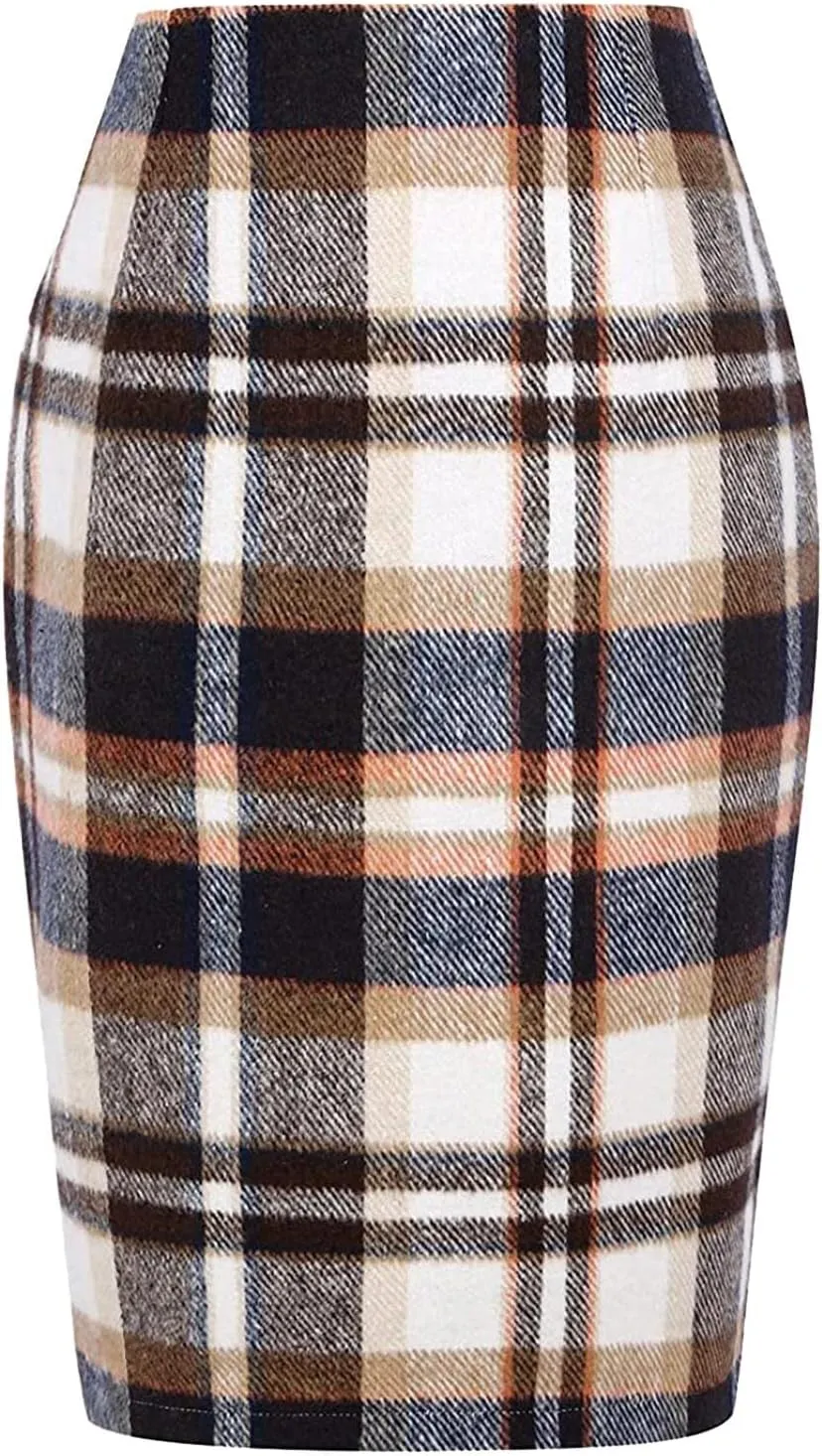 Pencil Skirt Women Pencil Plaid Skirts for Women Fall Winter High Waisted Bodycon Knee Length Wool Midi Skirt