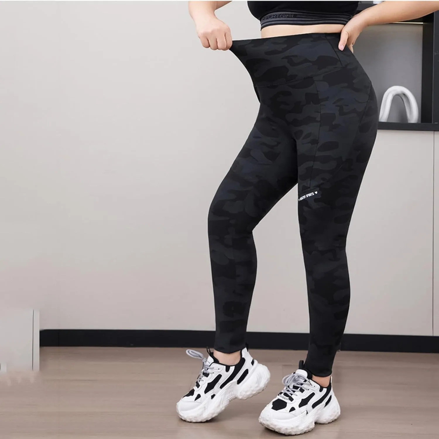 Plus Size Fleece Lined Leggings for Women Camo Seamless High Waist Camouflage Warm Winter Trousers for Athletic Gym