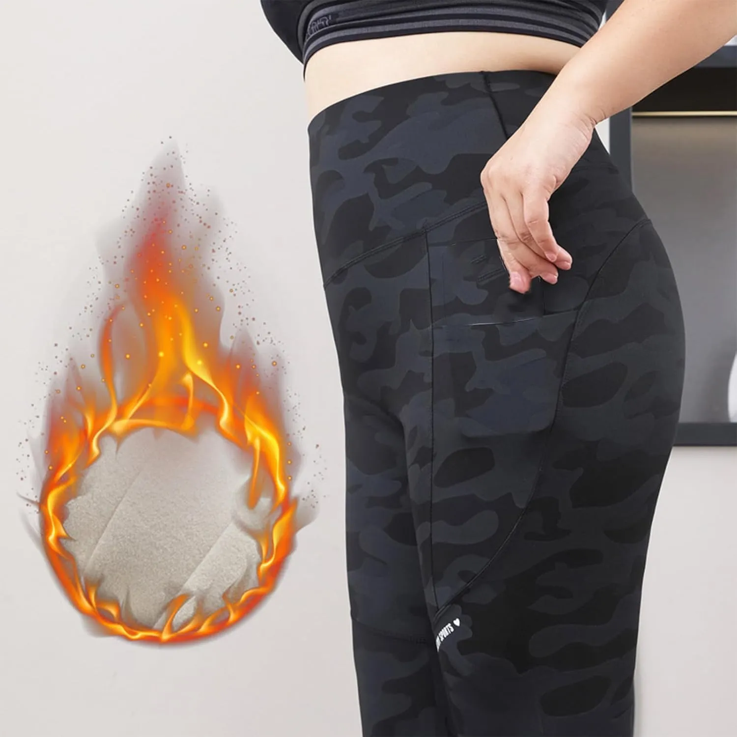 Plus Size Fleece Lined Leggings for Women Camo Seamless High Waist Camouflage Warm Winter Trousers for Athletic Gym