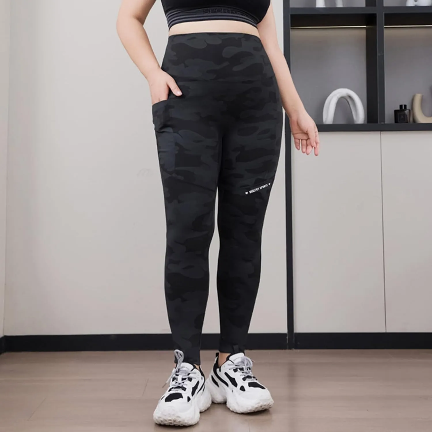 Plus Size Fleece Lined Leggings for Women Camo Seamless High Waist Camouflage Warm Winter Trousers for Athletic Gym