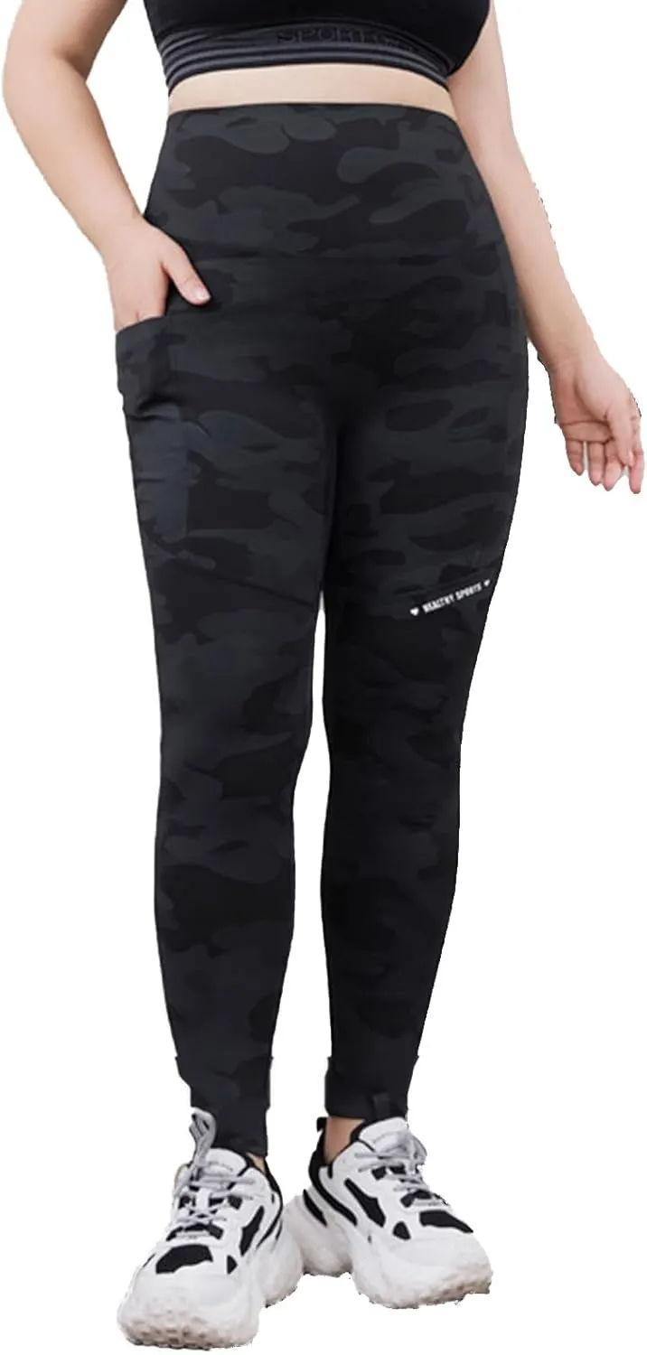 Plus Size Fleece Lined Leggings for Women Camo Seamless High Waist Camouflage Warm Winter Trousers for Athletic Gym