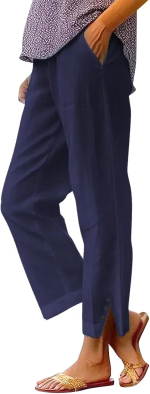 Plus Size Linen Pants for Women High Waisted Drawstring Cropped Capri Pants Casual Summer Work Pants Trousers 2025