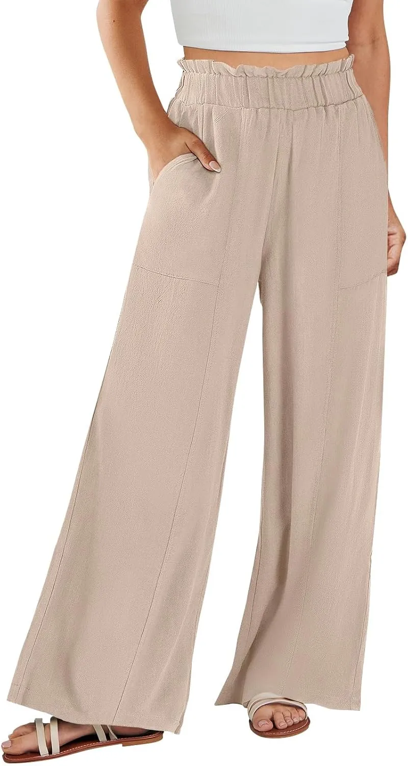 Plus Size Linen Pants Women Summer Casual Loose Flowy High Waited Beach Pants Trendy Summer Outfits with Pockets