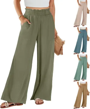 Plus Size Linen Pants Women Summer Casual Loose Flowy High Waited Beach Pants Trendy Summer Outfits with Pockets