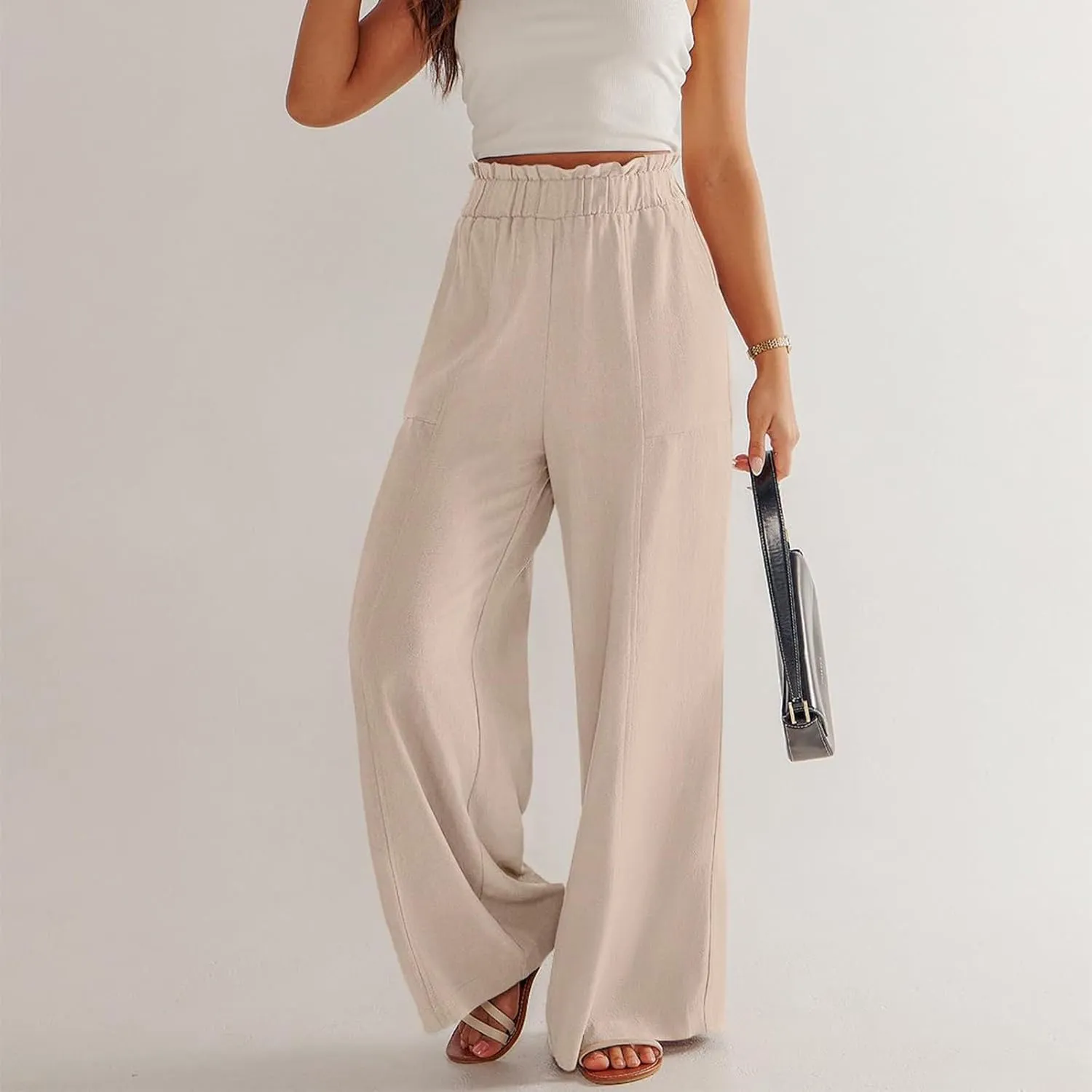 Plus Size Linen Pants Women Summer Casual Loose Flowy High Waited Beach Pants Trendy Summer Outfits with Pockets