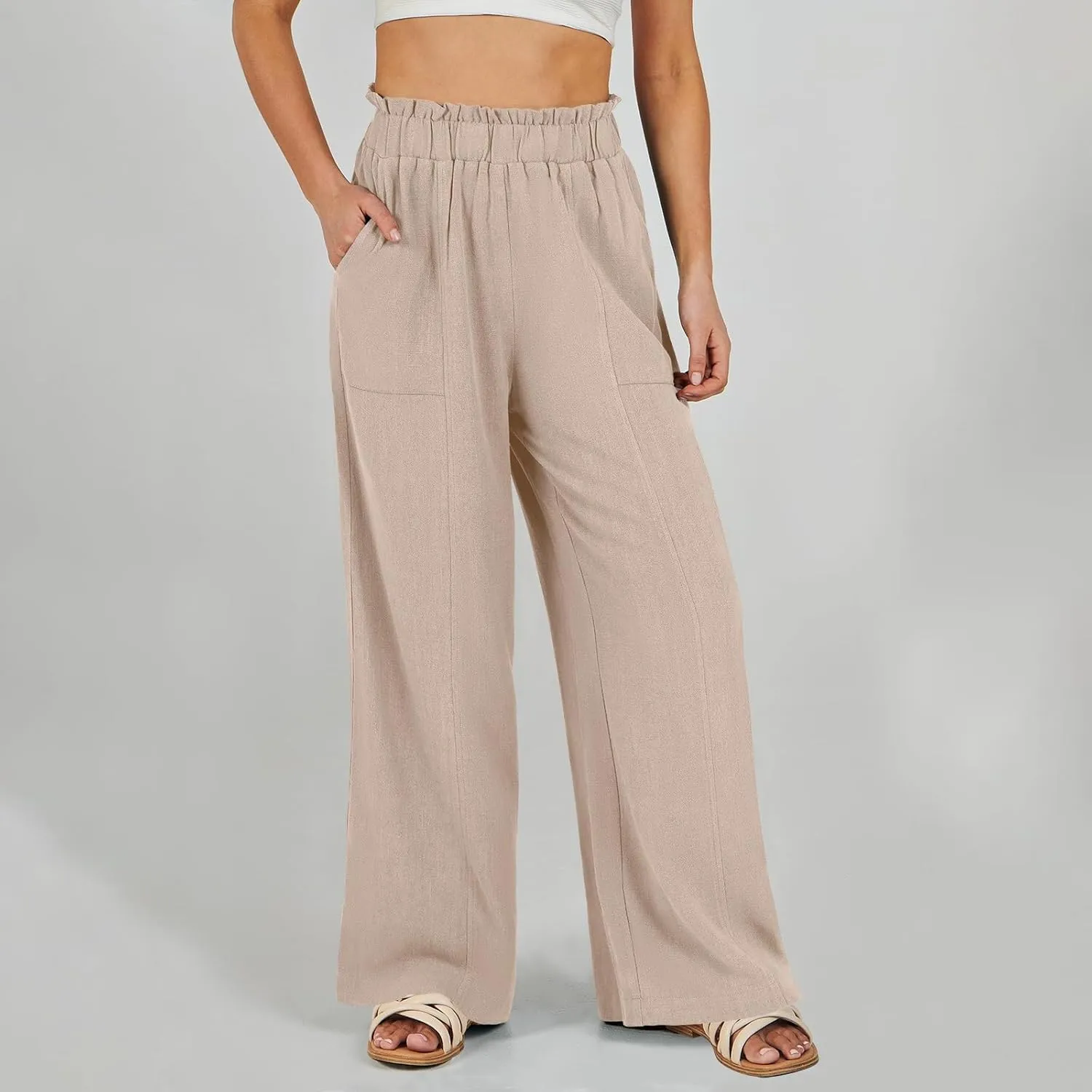 Plus Size Linen Pants Women Summer Casual Loose Flowy High Waited Beach Pants Trendy Summer Outfits with Pockets