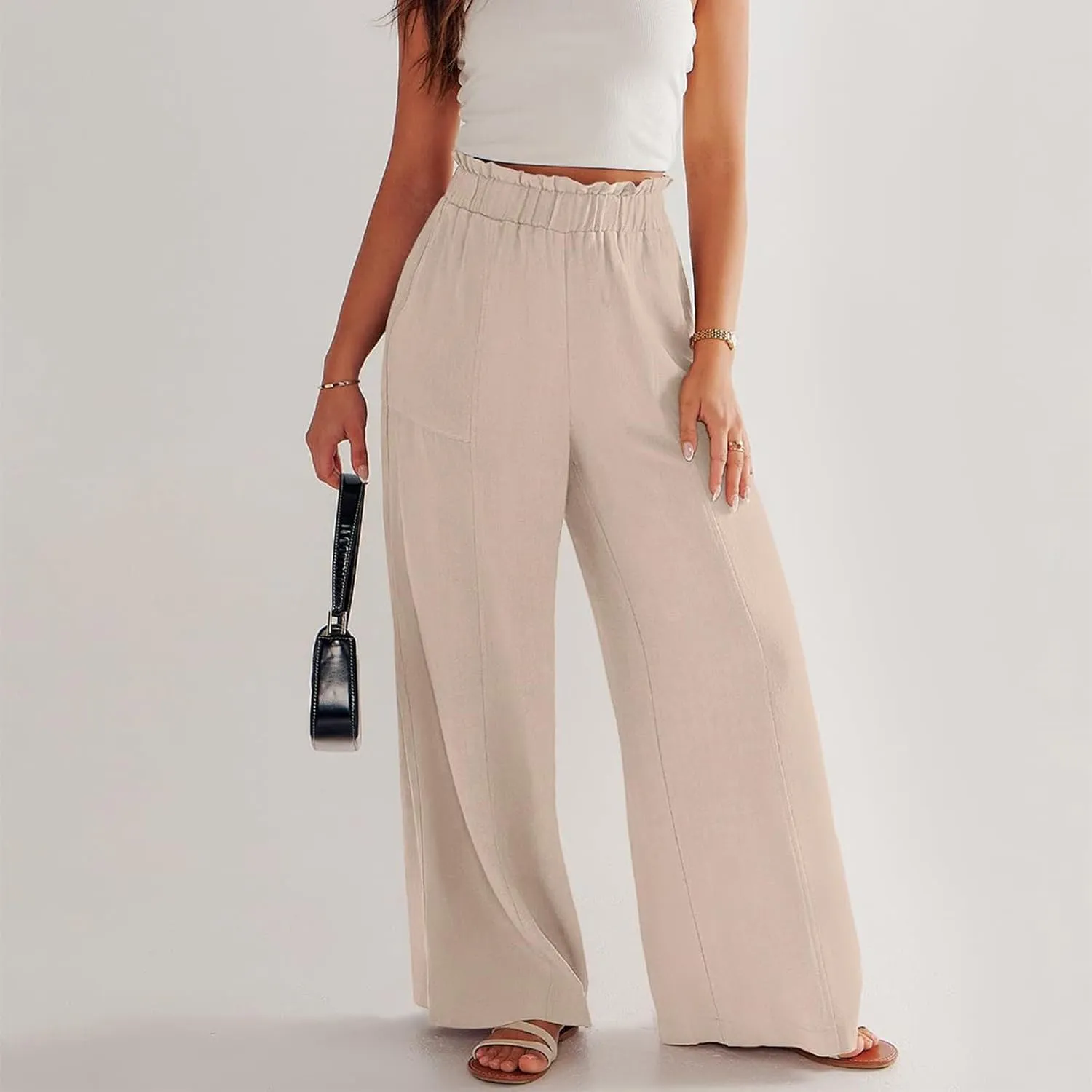 Plus Size Linen Pants Women Summer Casual Loose Flowy High Waited Beach Pants Trendy Summer Outfits with Pockets