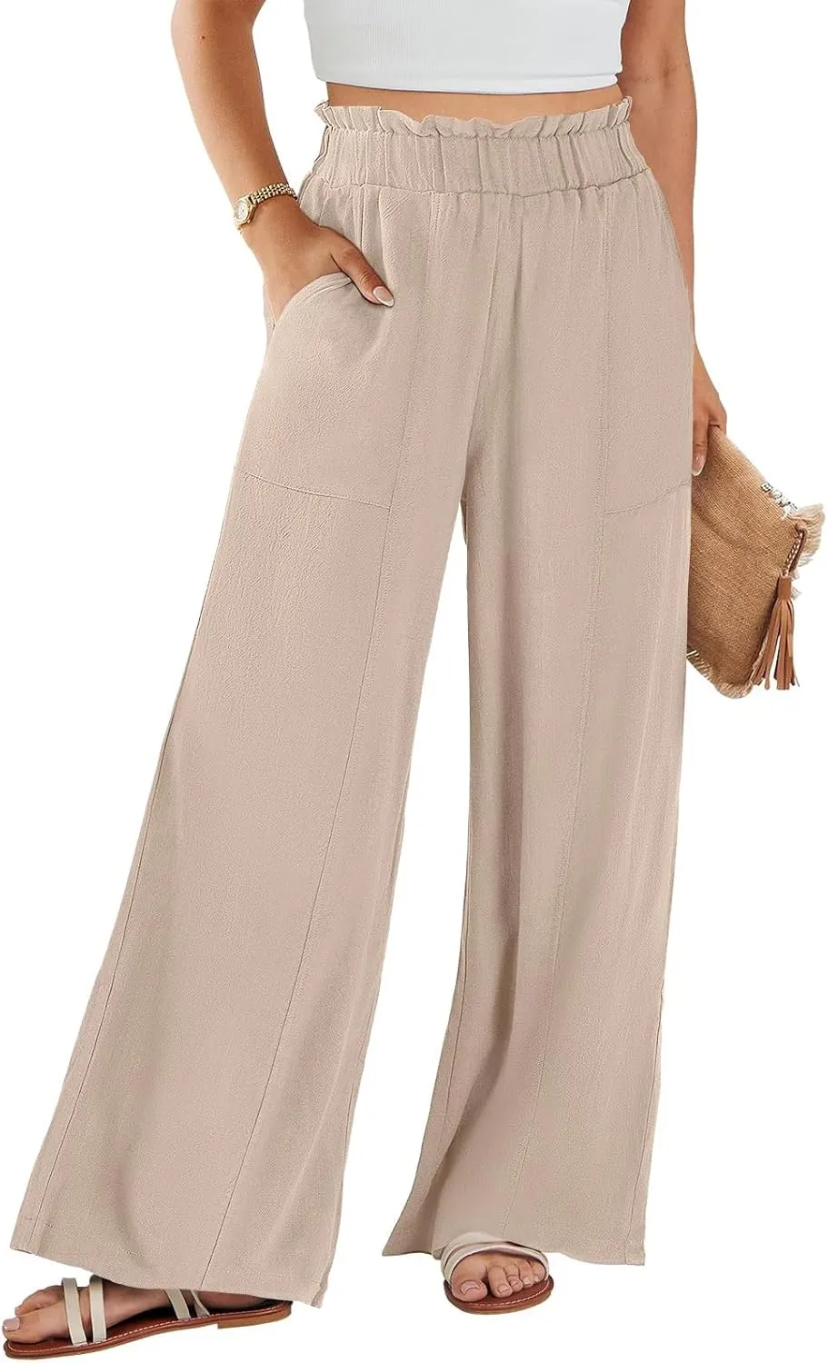 Plus Size Linen Pants Women Summer Casual Loose Flowy High Waited Beach Pants Trendy Summer Outfits with Pockets
