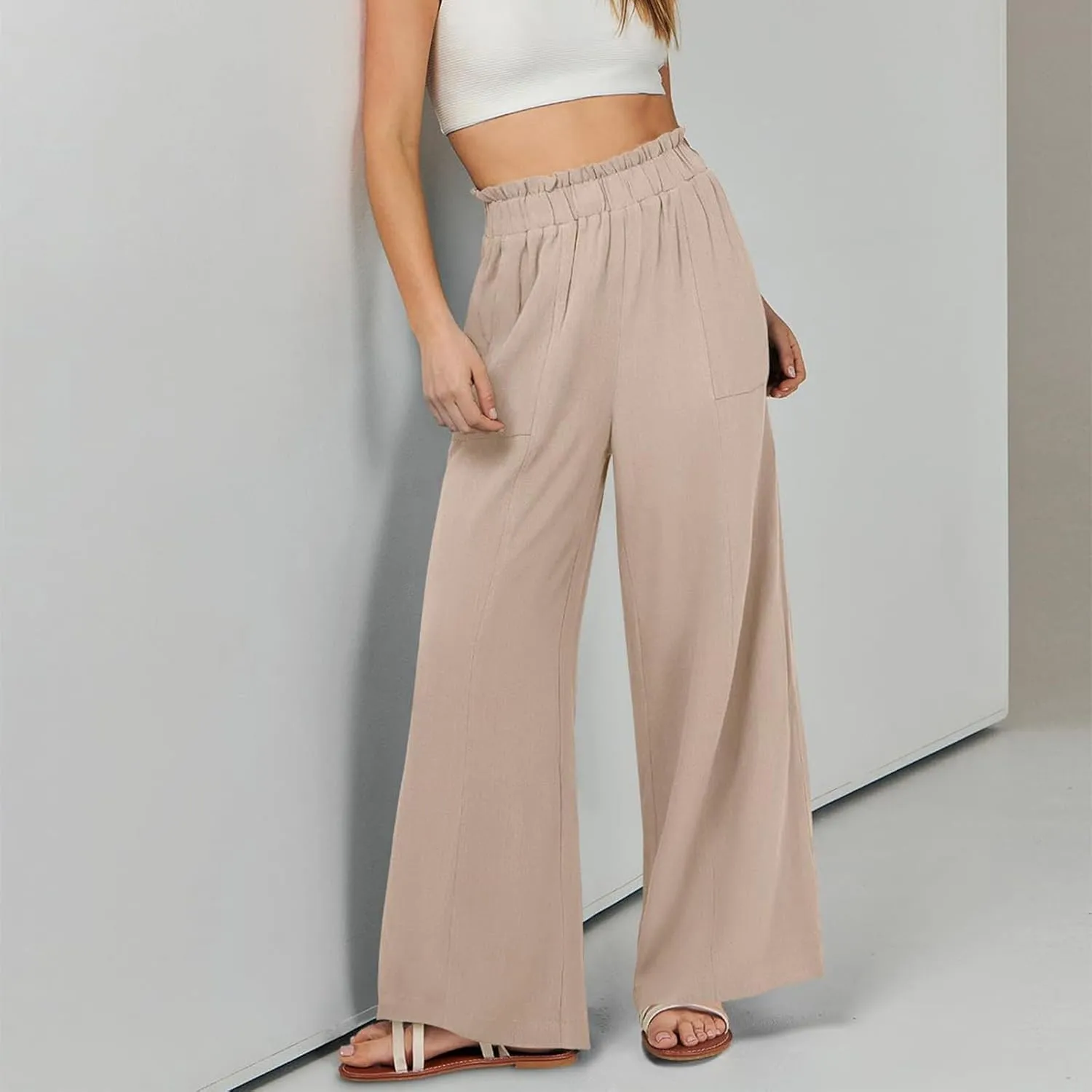 Plus Size Linen Pants Women Summer Casual Loose Flowy High Waited Beach Pants Trendy Summer Outfits with Pockets