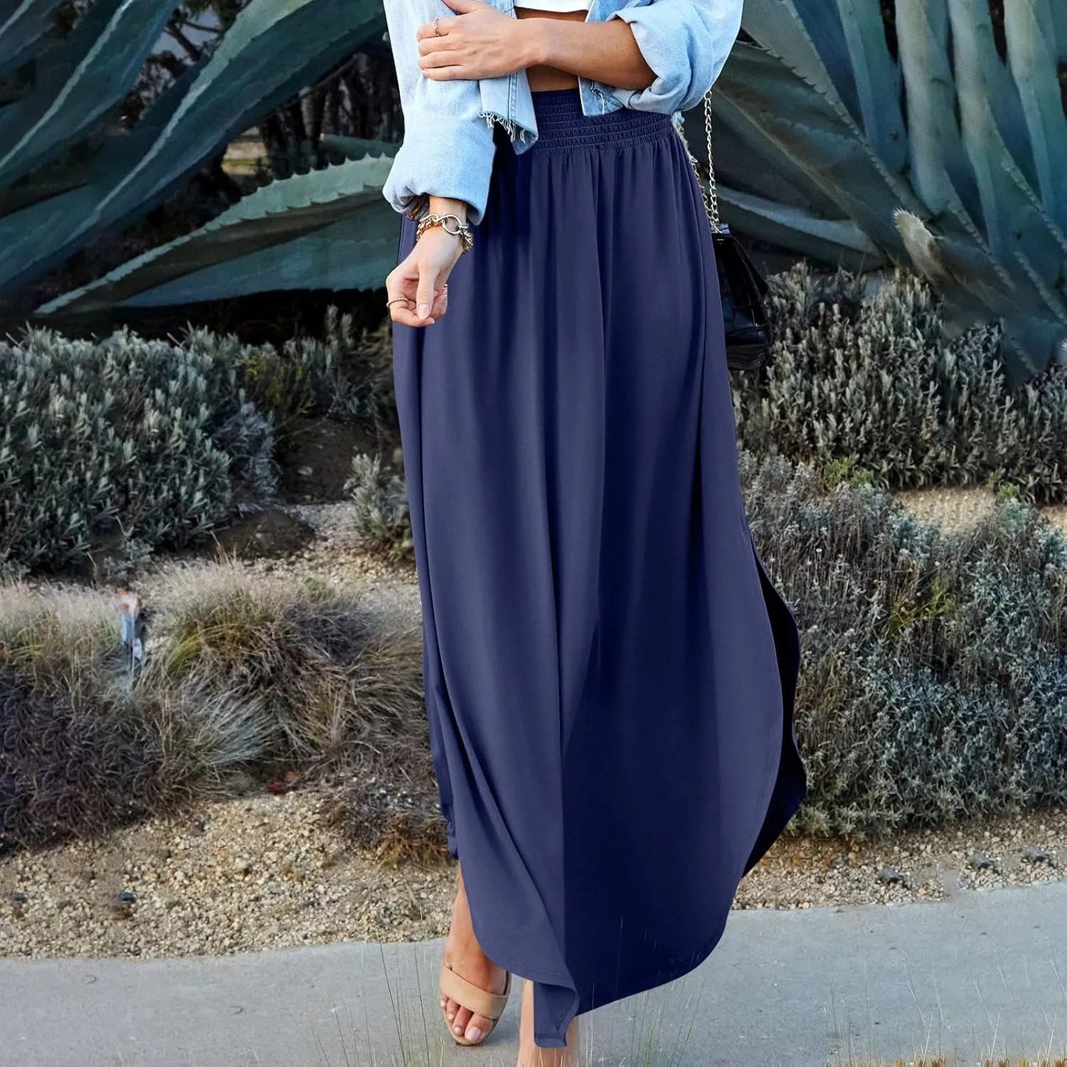 Plus Size Skirt Flowy High Waisted Maxi Skirts Asymmetrical Tummy Control with Slit for Women Casual Trendy Summer