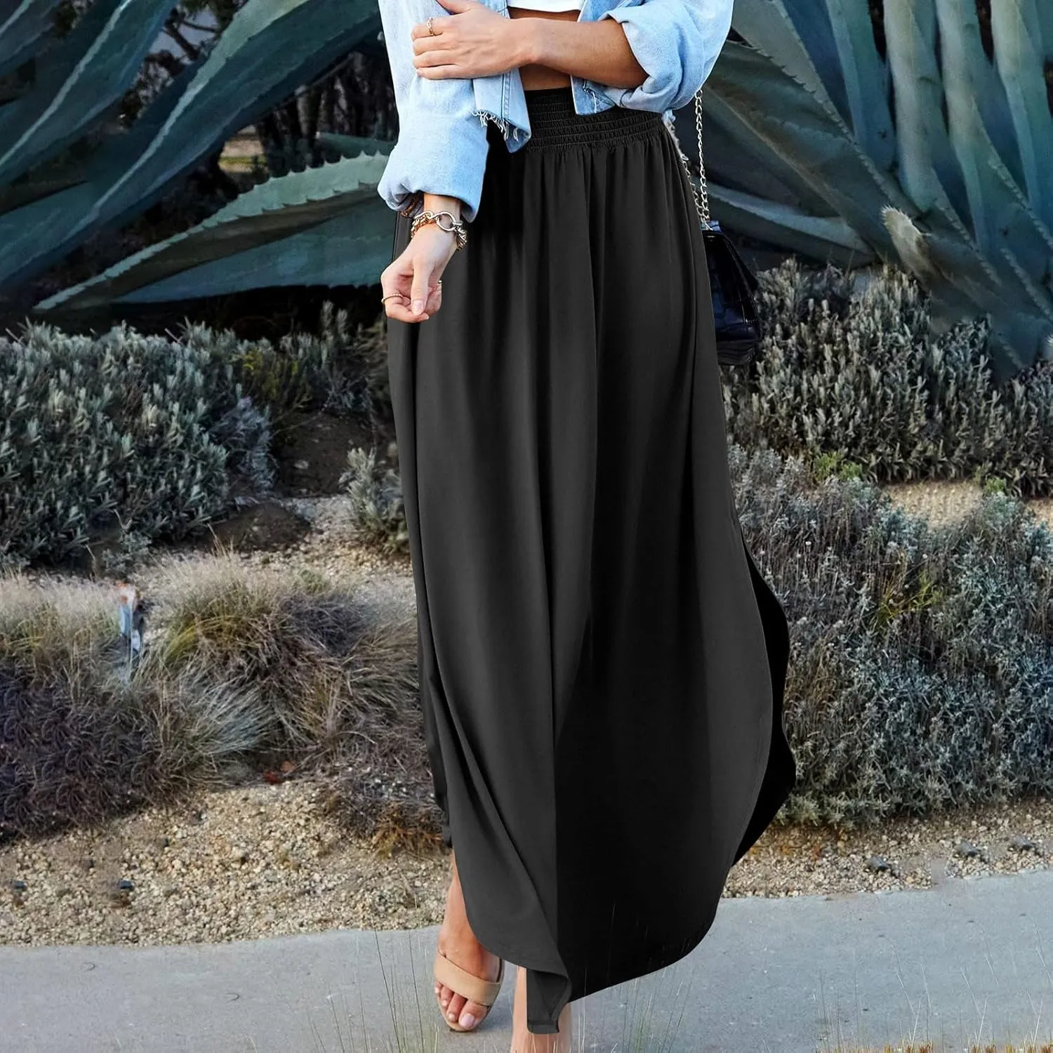 Plus Size Skirt Flowy High Waisted Maxi Skirts Asymmetrical Tummy Control with Slit for Women Casual Trendy Summer