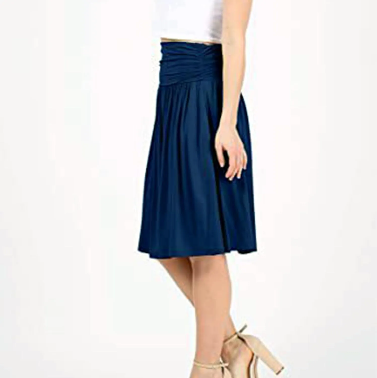 Plus Size Skirts for Women Knee Length Ruched Flowy Midi Skirt Loose Fit Casual Elastic High Waist Skirt with Pocket