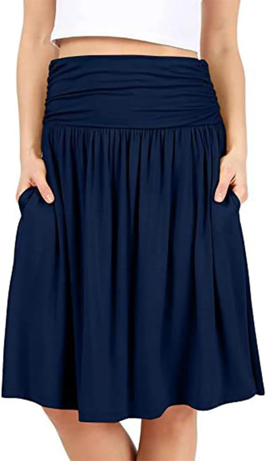 Plus Size Skirts for Women Knee Length Ruched Flowy Midi Skirt Loose Fit Casual Elastic High Waist Skirt with Pocket