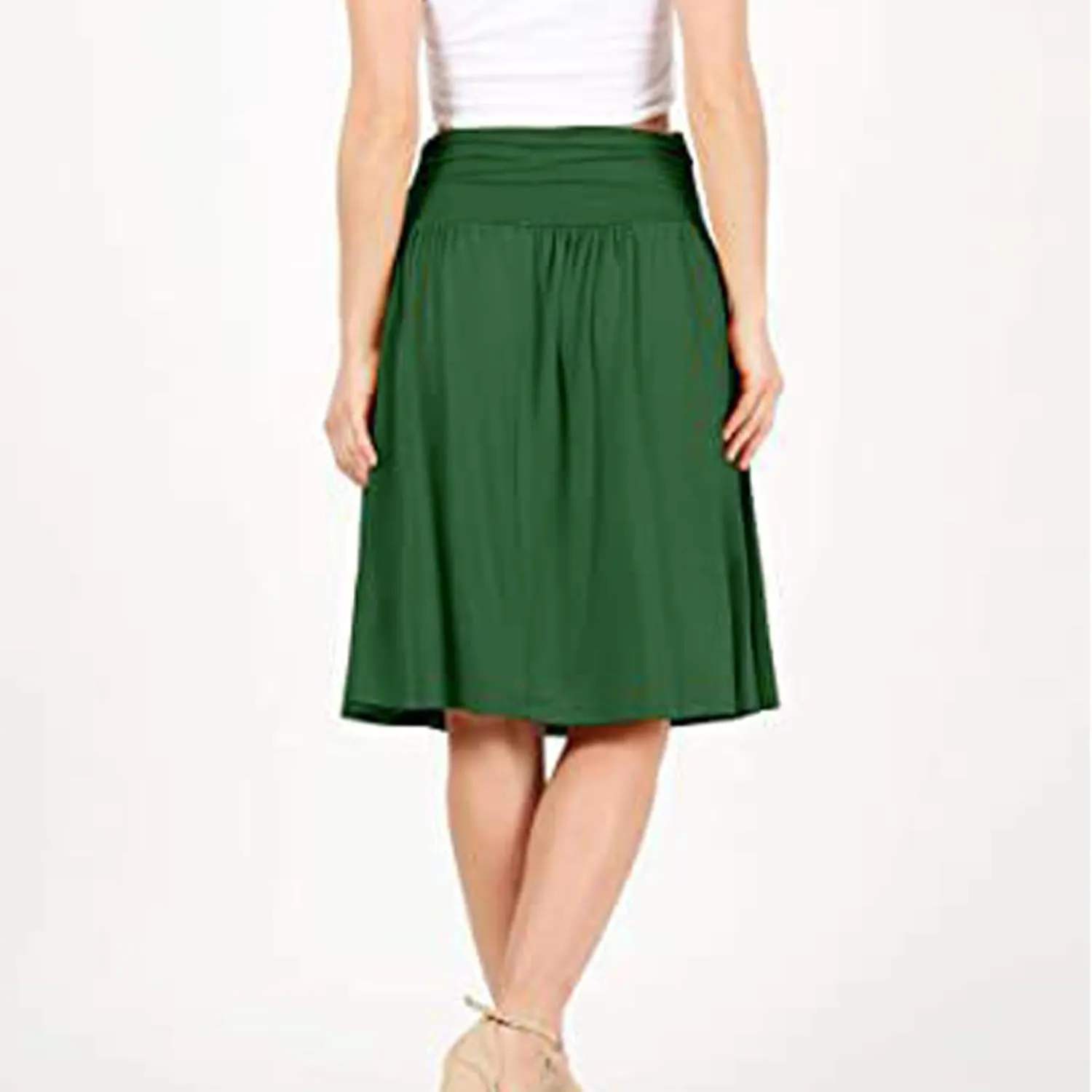 Plus Size Skirts for Women Knee Length Ruched Flowy Midi Skirt Loose Fit Casual Elastic High Waist Skirt with Pocket
