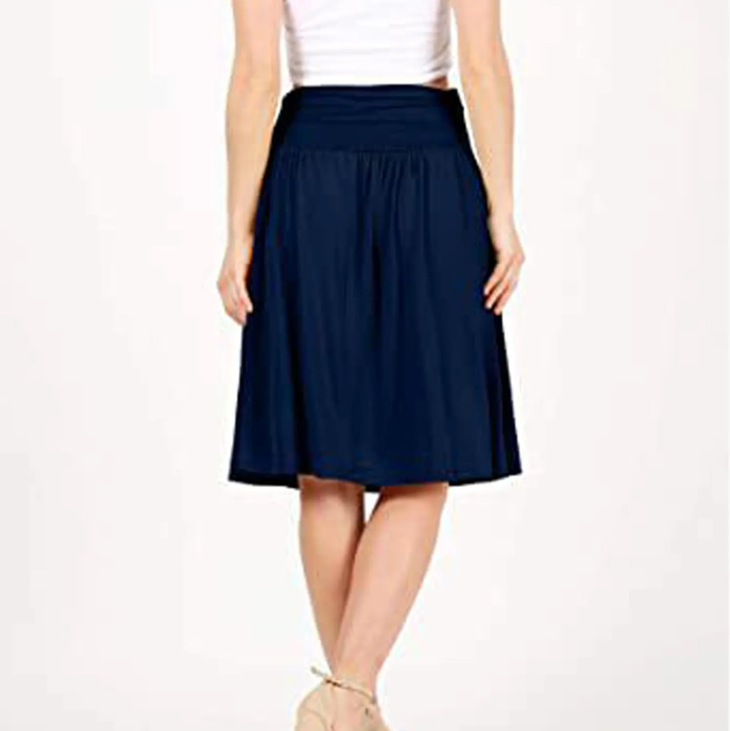 Plus Size Skirts for Women Knee Length Ruched Flowy Midi Skirt Loose Fit Casual Elastic High Waist Skirt with Pocket
