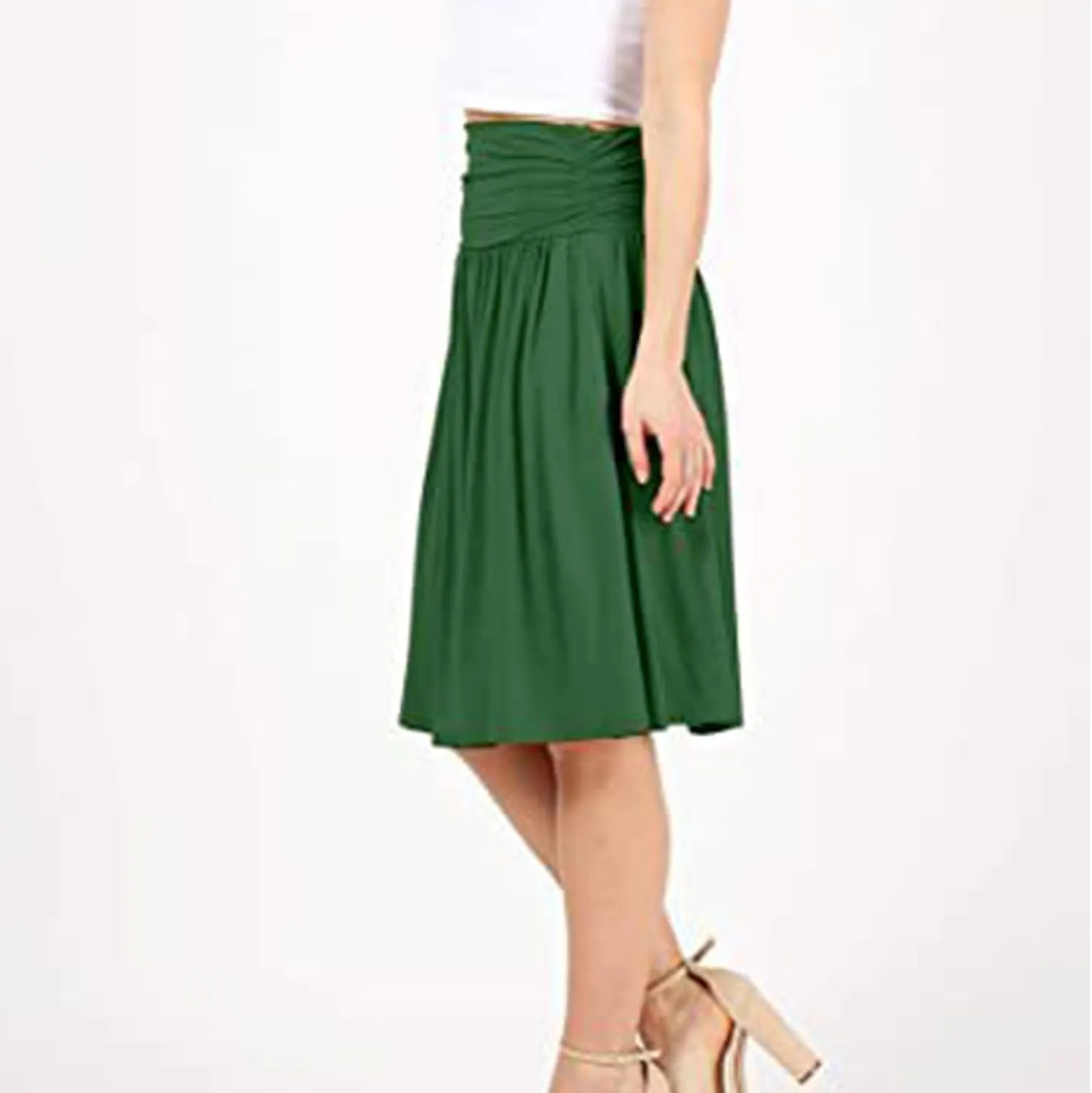 Plus Size Skirts for Women Knee Length Ruched Flowy Midi Skirt Loose Fit Casual Elastic High Waist Skirt with Pocket