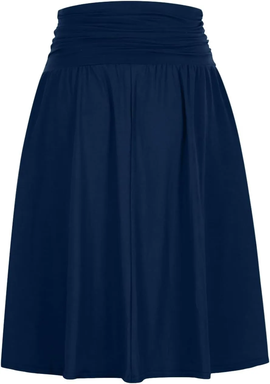 Plus Size Skirts for Women Knee Length Ruched Flowy Midi Skirt Loose Fit Casual Elastic High Waist Skirt with Pocket