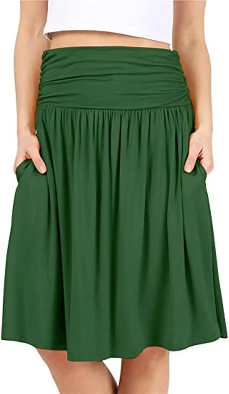 Plus Size Skirts for Women Knee Length Ruched Flowy Midi Skirt Loose Fit Casual Elastic High Waist Skirt with Pocket