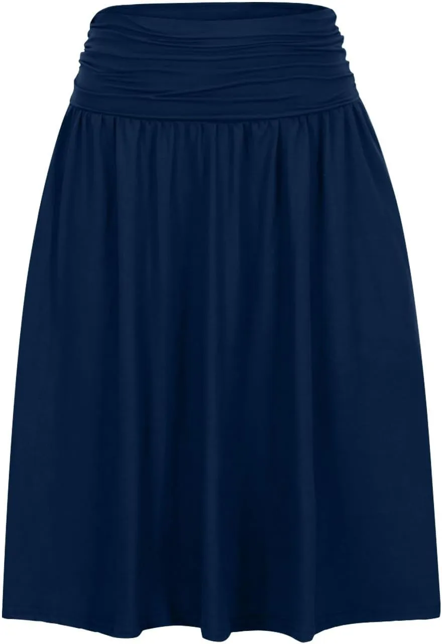 Plus Size Skirts for Women Knee Length Ruched Flowy Midi Skirt Loose Fit Casual Elastic High Waist Skirt with Pocket